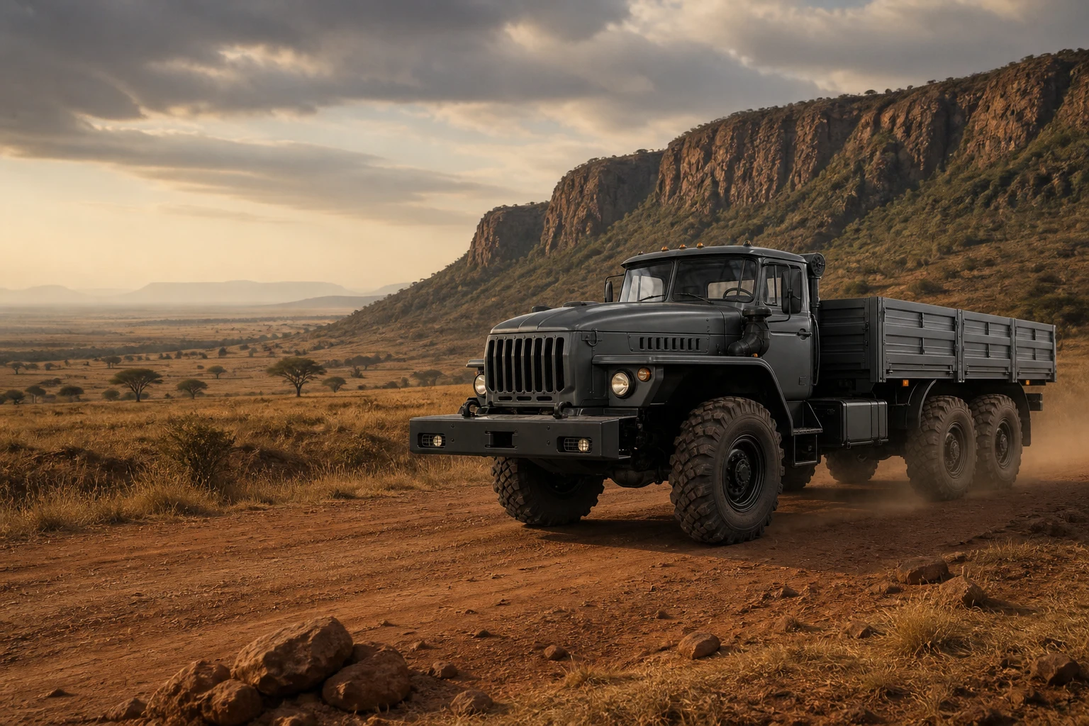 URAL 6x6 cargo truck travelling on a remote African logistics route