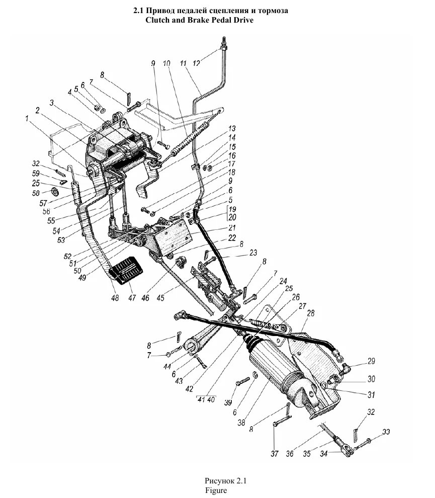Exploded URAL clutch and brake pedal drive drawing from the parts catalogue